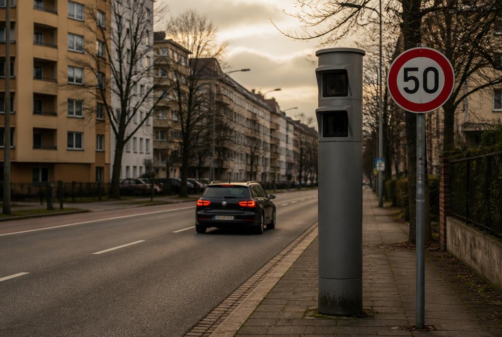 Deutsche Verkehrsüberwachungskamera und Tempo-50-Schild – passend zum Bußgeldrecht