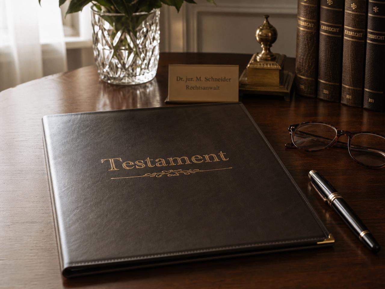 Testament-Mappe mit Füllfederhalter und Brille auf einem Schreibtisch – passend zum Erbrecht