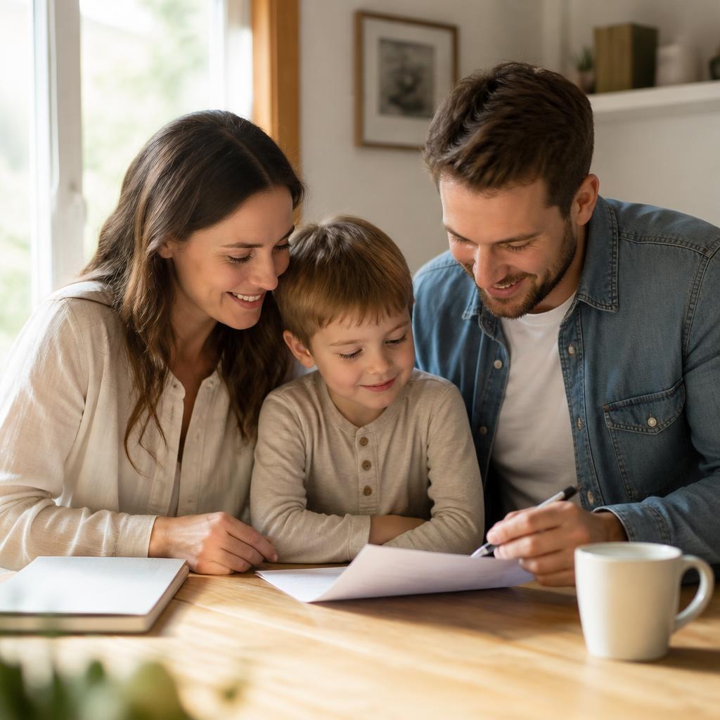 Familie mit Eltern und Kind beim gemeinsamen Lesen – passend zum Familienrecht